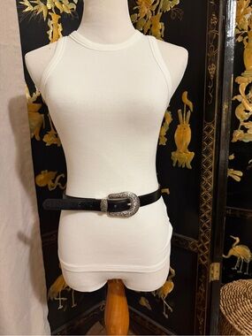 Vintage Black Western Reversible Leather Belt with Ornate Silver Buckle